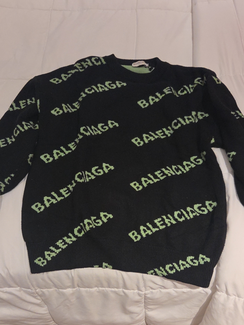 Balenciaga Black Crewneck with Lime Green Logo Pattern